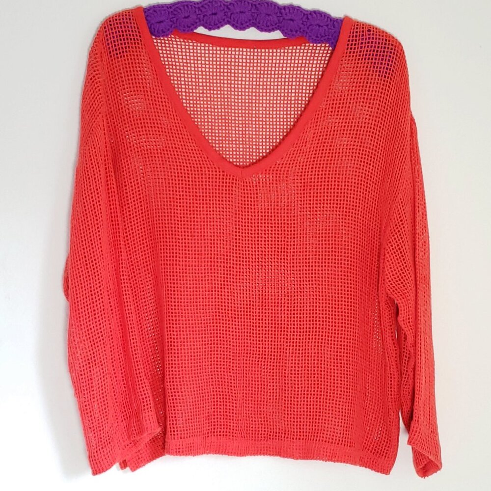Y2K Vintage Sheer Mesh Oversized Sheer Fishnet V Neck See Thru Top orange